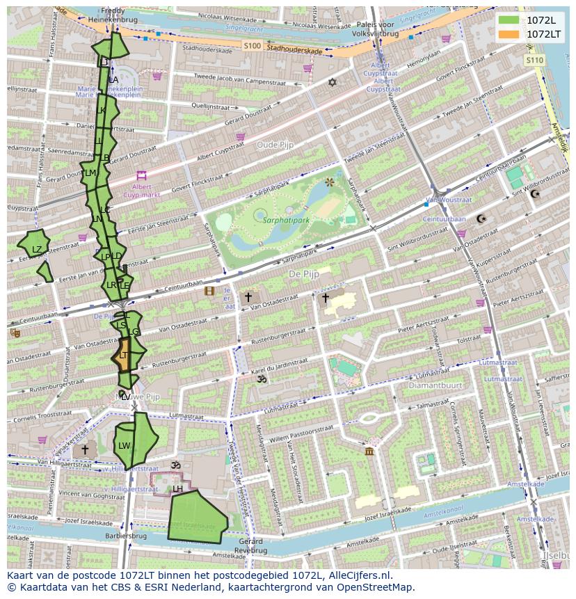 Afbeelding van het postcodegebied 1072 LT op de kaart.