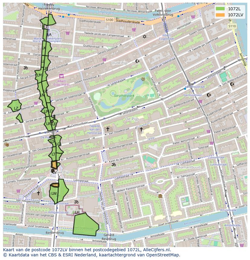 Afbeelding van het postcodegebied 1072 LV op de kaart.