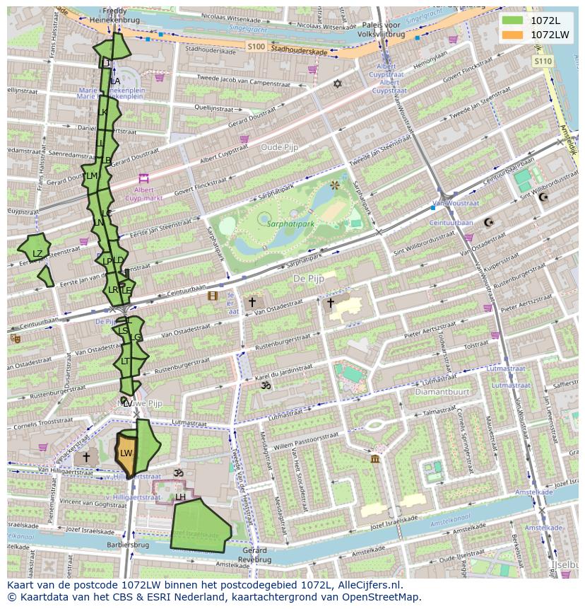 Afbeelding van het postcodegebied 1072 LW op de kaart.