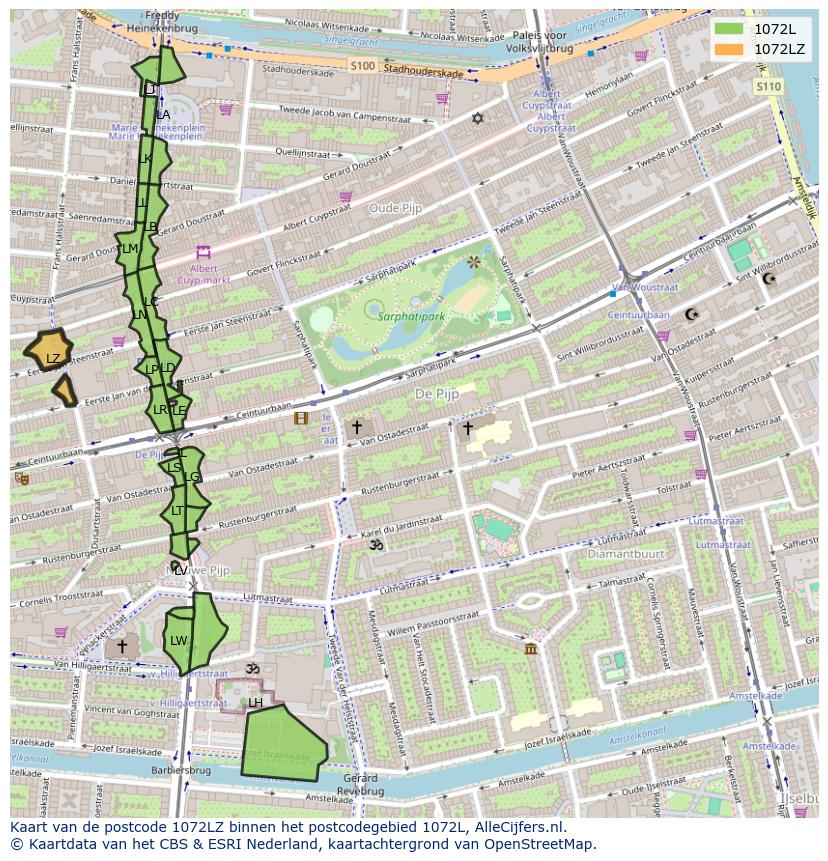 Afbeelding van het postcodegebied 1072 LZ op de kaart.