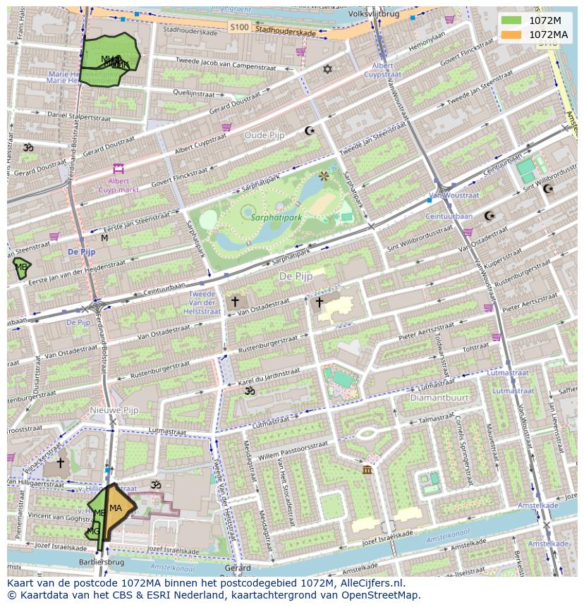 Afbeelding van het postcodegebied 1072 MA op de kaart.