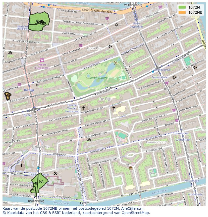 Afbeelding van het postcodegebied 1072 MB op de kaart.