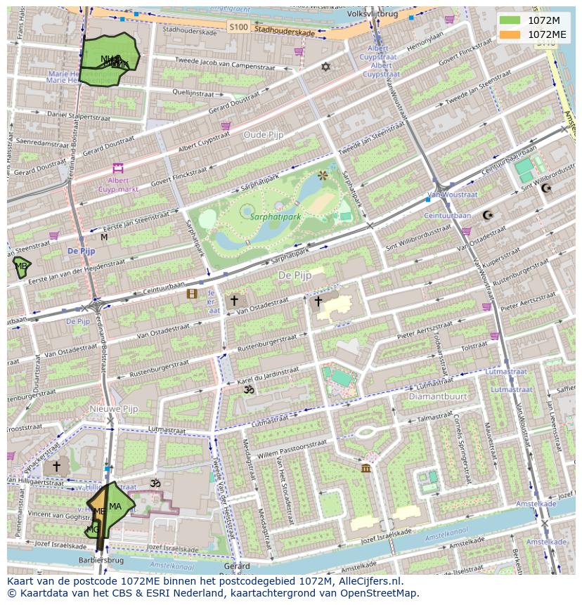 Afbeelding van het postcodegebied 1072 ME op de kaart.