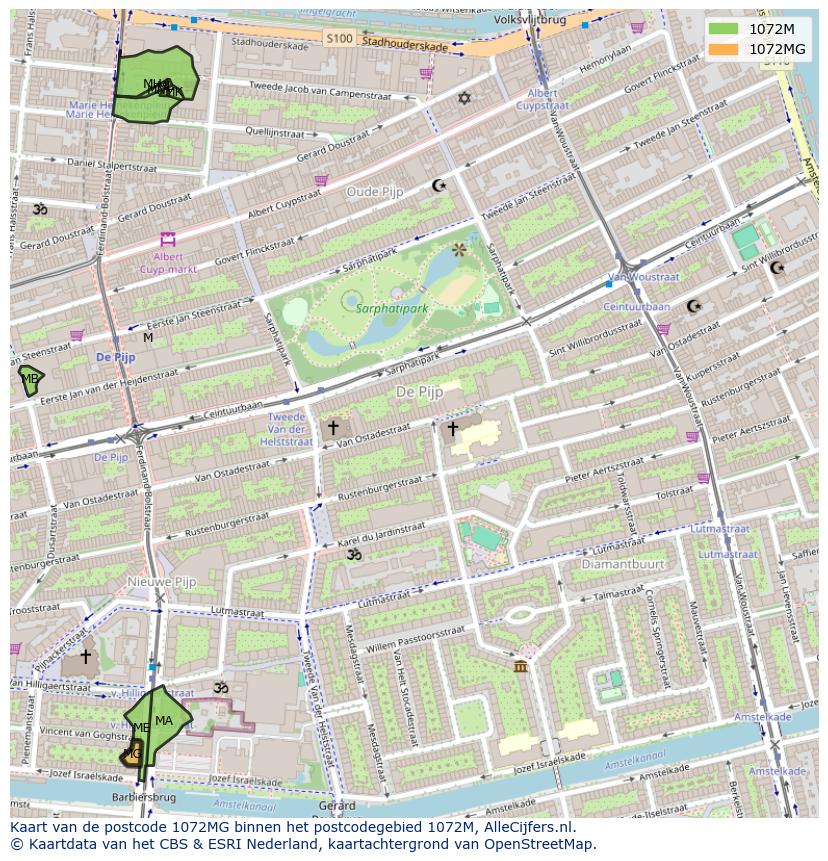 Afbeelding van het postcodegebied 1072 MG op de kaart.