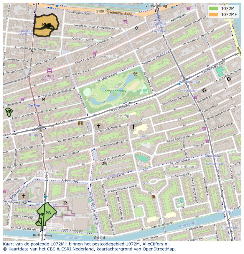 Afbeelding van het postcodegebied 1072 MH op de kaart.