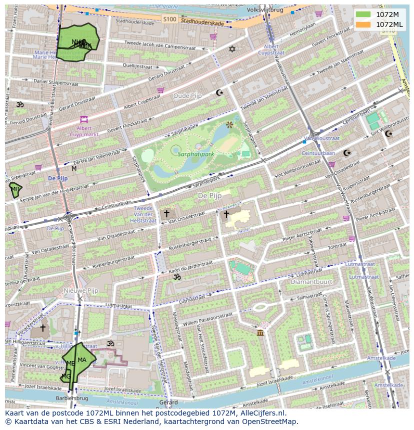 Afbeelding van het postcodegebied 1072 ML op de kaart.