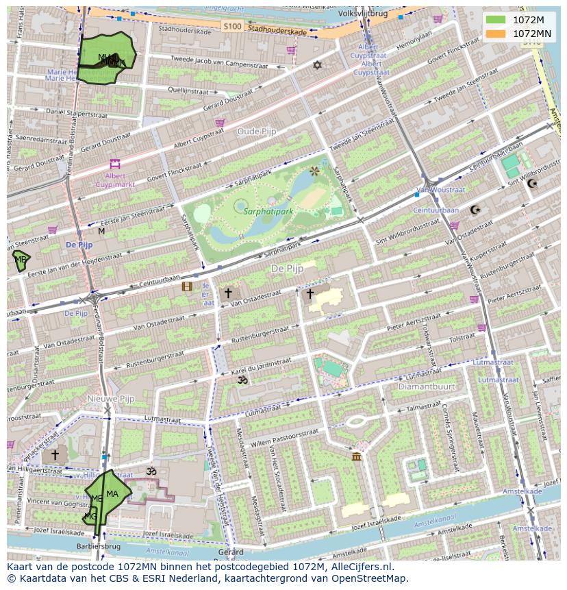 Afbeelding van het postcodegebied 1072 MN op de kaart.