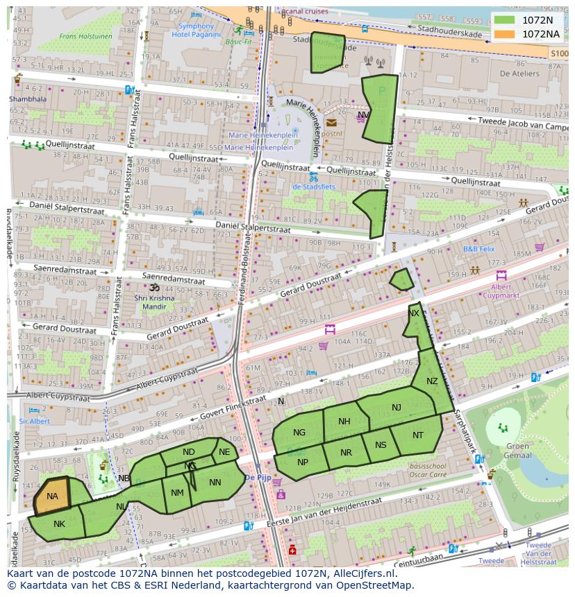 Afbeelding van het postcodegebied 1072 NA op de kaart.
