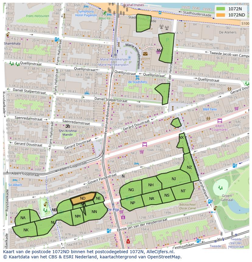 Afbeelding van het postcodegebied 1072 ND op de kaart.