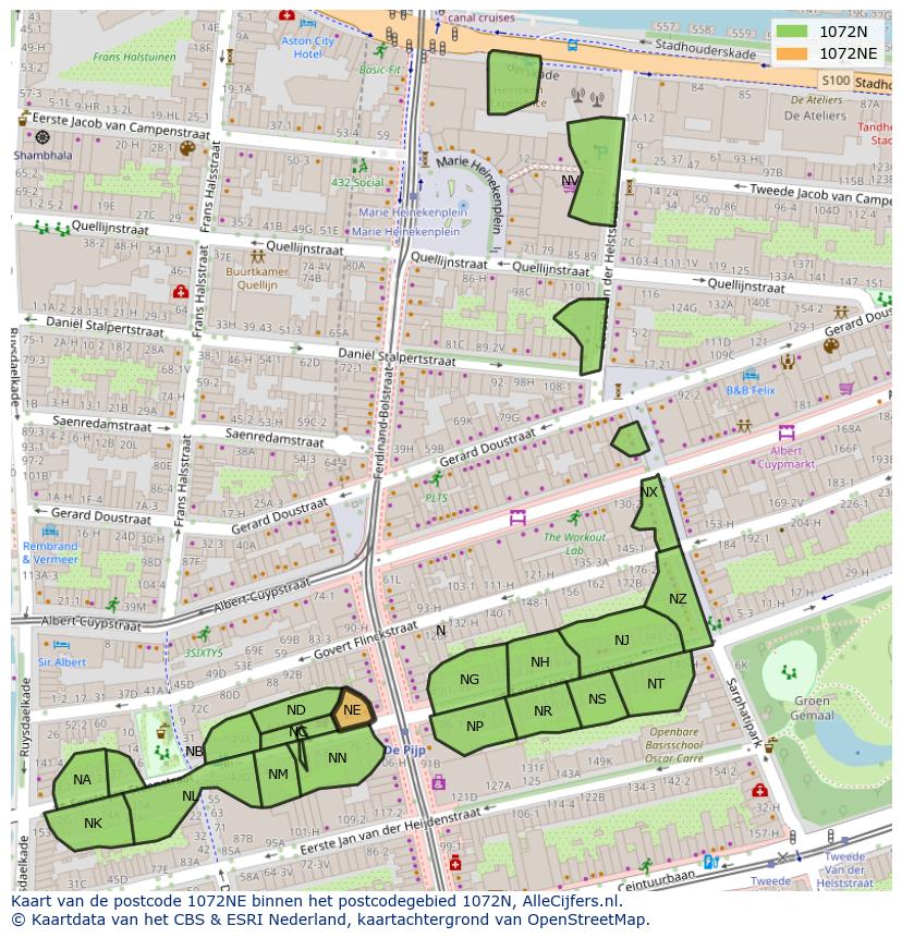 Afbeelding van het postcodegebied 1072 NE op de kaart.
