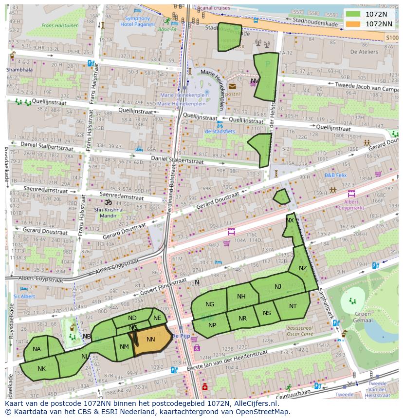 Afbeelding van het postcodegebied 1072 NN op de kaart.