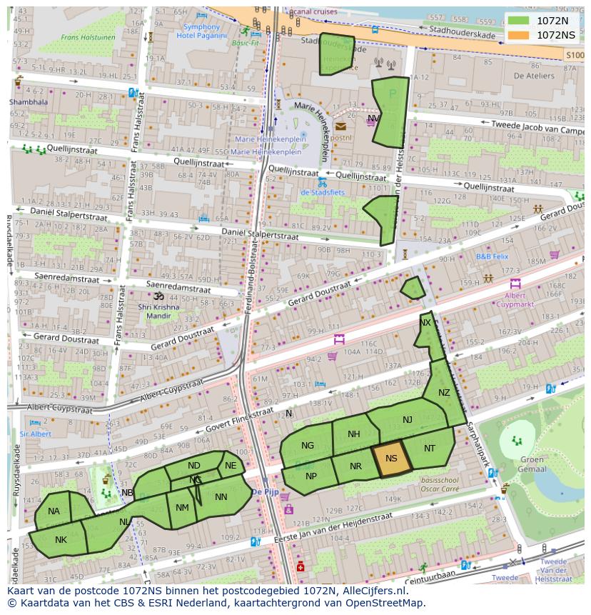 Afbeelding van het postcodegebied 1072 NS op de kaart.