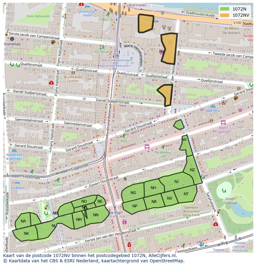 Afbeelding van het postcodegebied 1072 NV op de kaart.