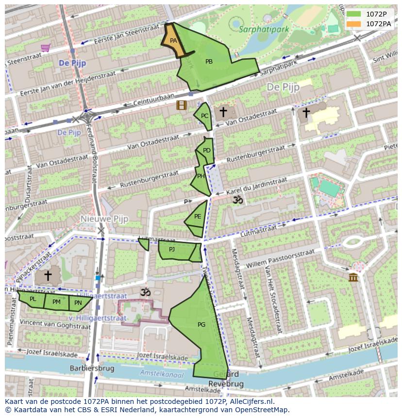 Afbeelding van het postcodegebied 1072 PA op de kaart.