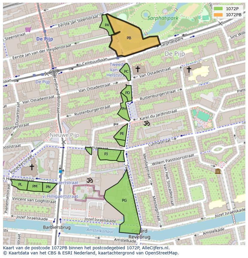 Afbeelding van het postcodegebied 1072 PB op de kaart.