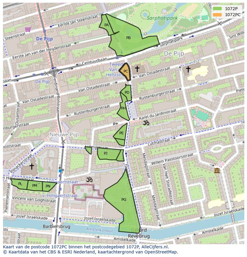 Afbeelding van het postcodegebied 1072 PC op de kaart.