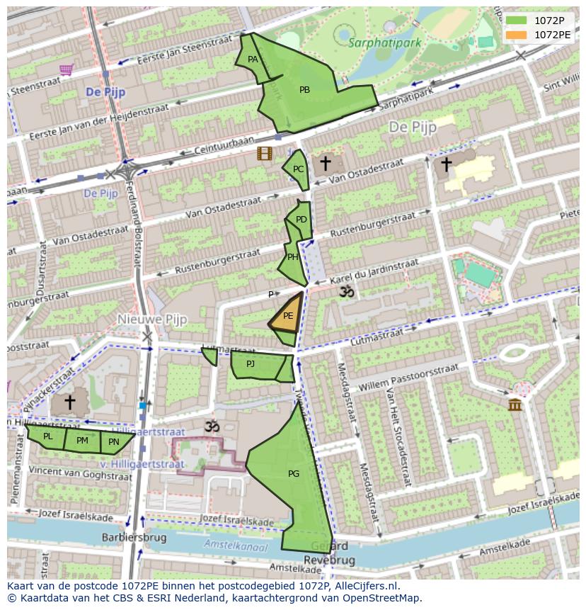 Afbeelding van het postcodegebied 1072 PE op de kaart.