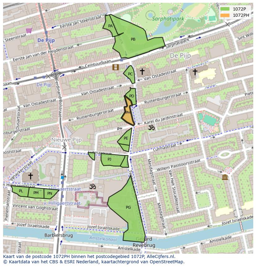 Afbeelding van het postcodegebied 1072 PH op de kaart.