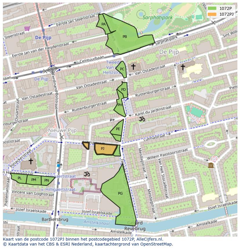 Afbeelding van het postcodegebied 1072 PJ op de kaart.