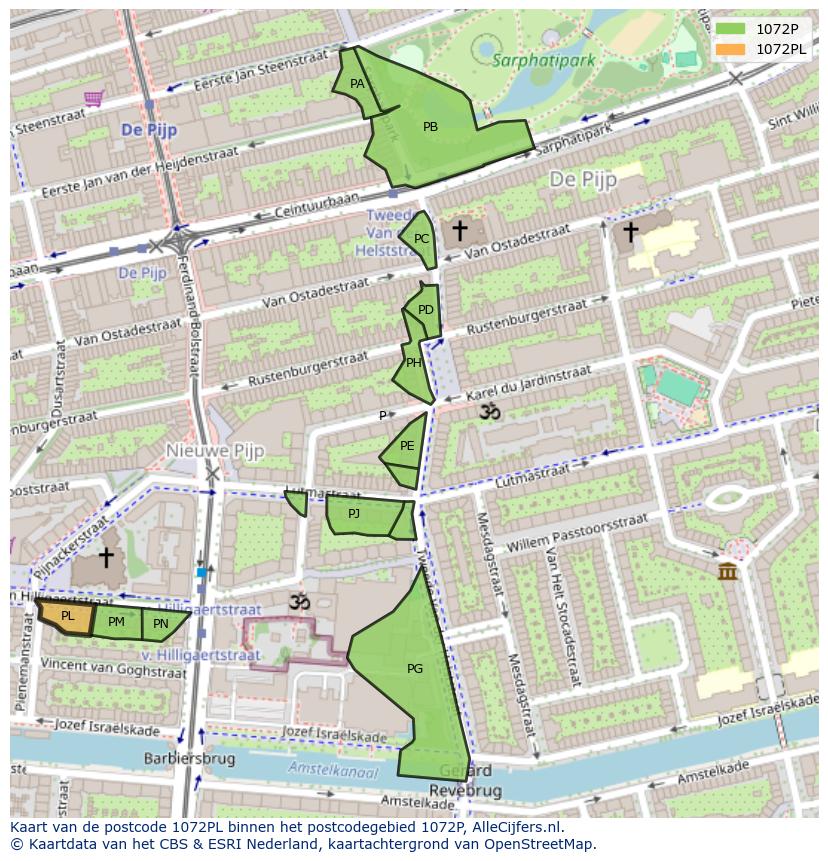 Afbeelding van het postcodegebied 1072 PL op de kaart.