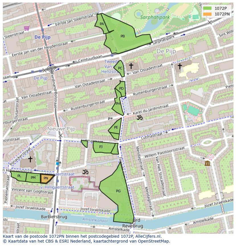Afbeelding van het postcodegebied 1072 PN op de kaart.