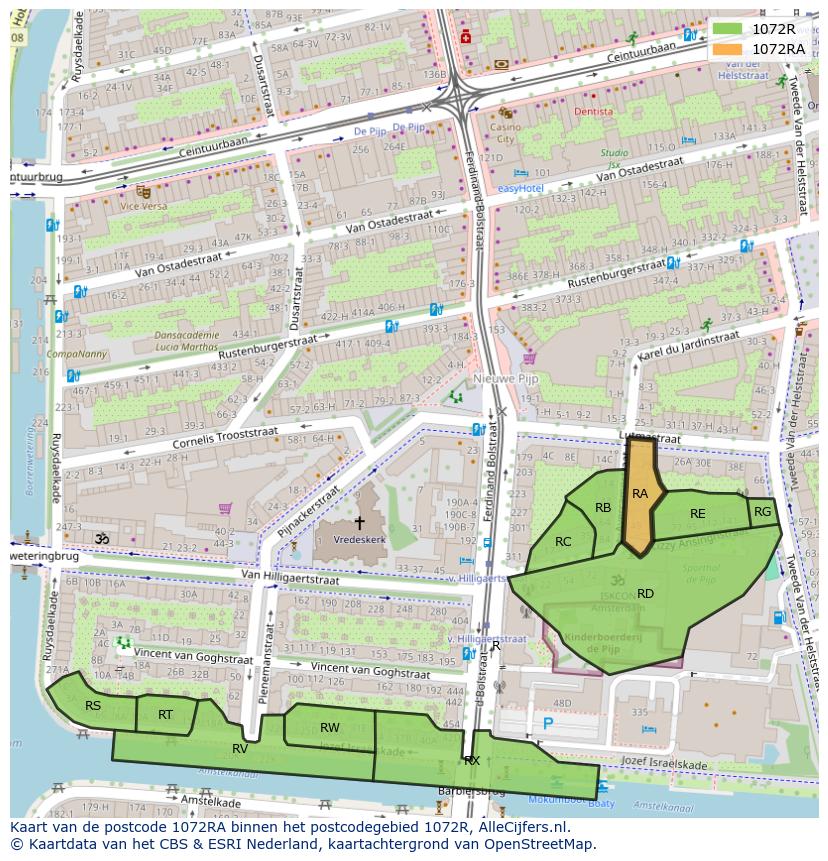 Afbeelding van het postcodegebied 1072 RA op de kaart.