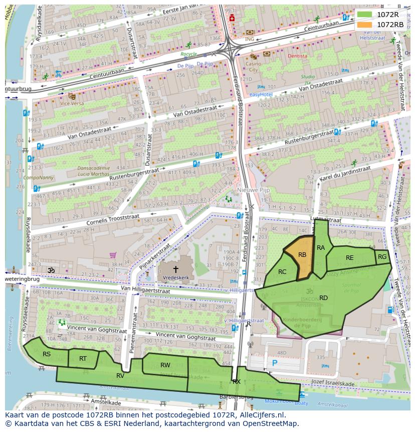 Afbeelding van het postcodegebied 1072 RB op de kaart.