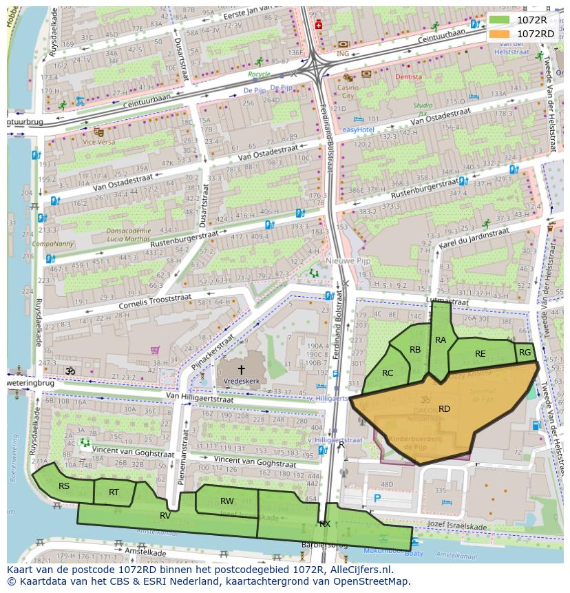 Afbeelding van het postcodegebied 1072 RD op de kaart.