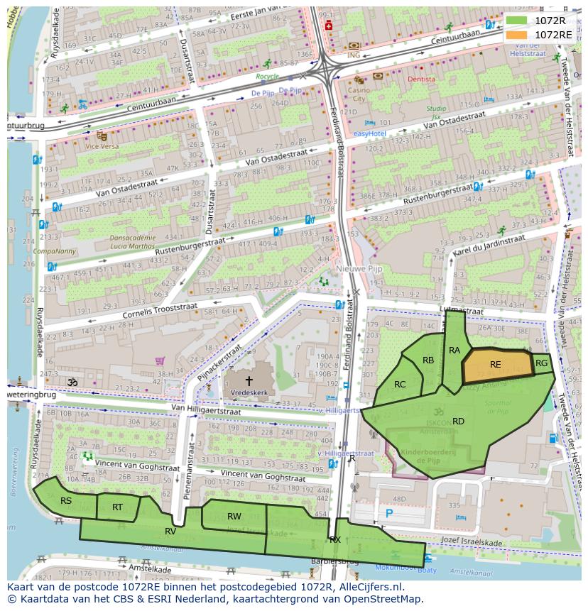 Afbeelding van het postcodegebied 1072 RE op de kaart.