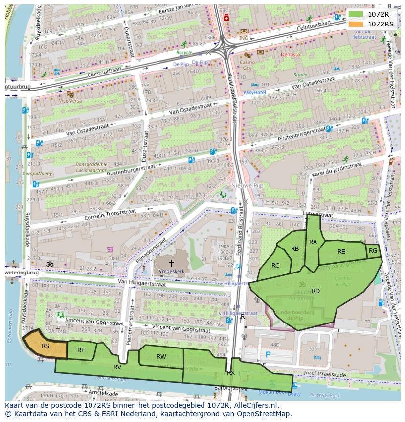 Afbeelding van het postcodegebied 1072 RS op de kaart.