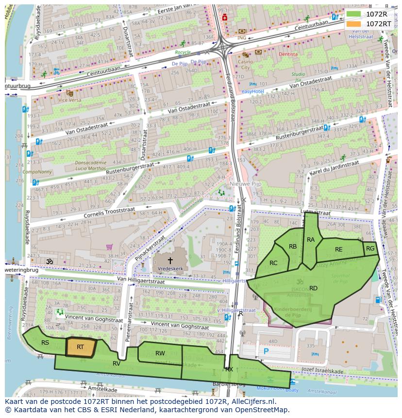 Afbeelding van het postcodegebied 1072 RT op de kaart.