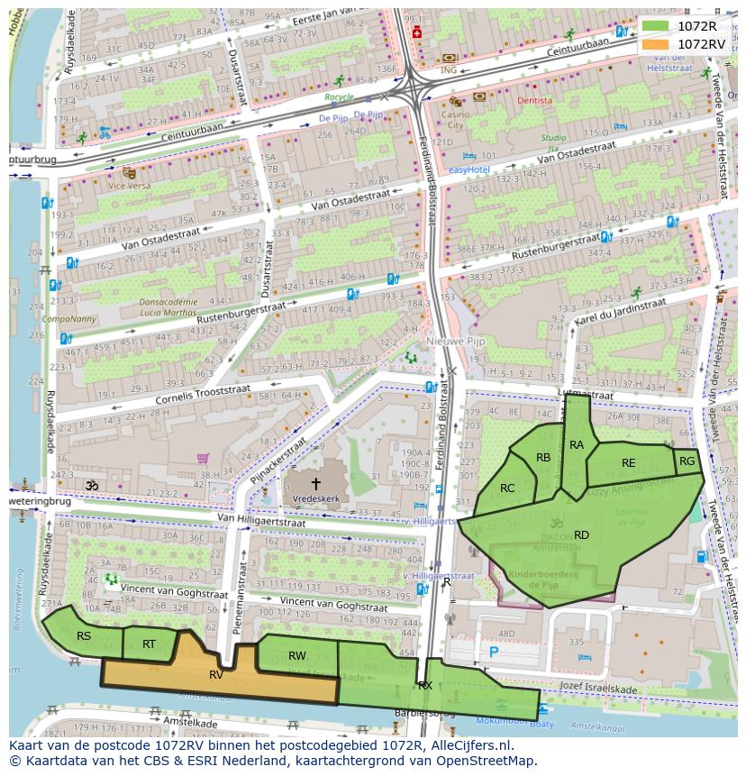 Afbeelding van het postcodegebied 1072 RV op de kaart.