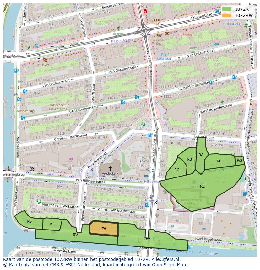 Afbeelding van het postcodegebied 1072 RW op de kaart.