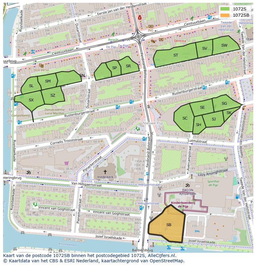 Afbeelding van het postcodegebied 1072 SB op de kaart.