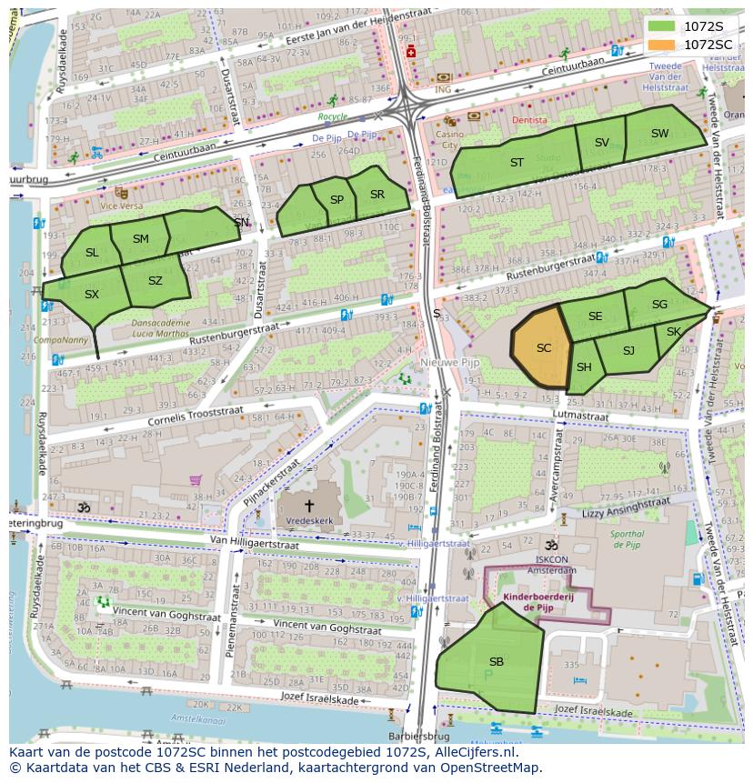 Afbeelding van het postcodegebied 1072 SC op de kaart.