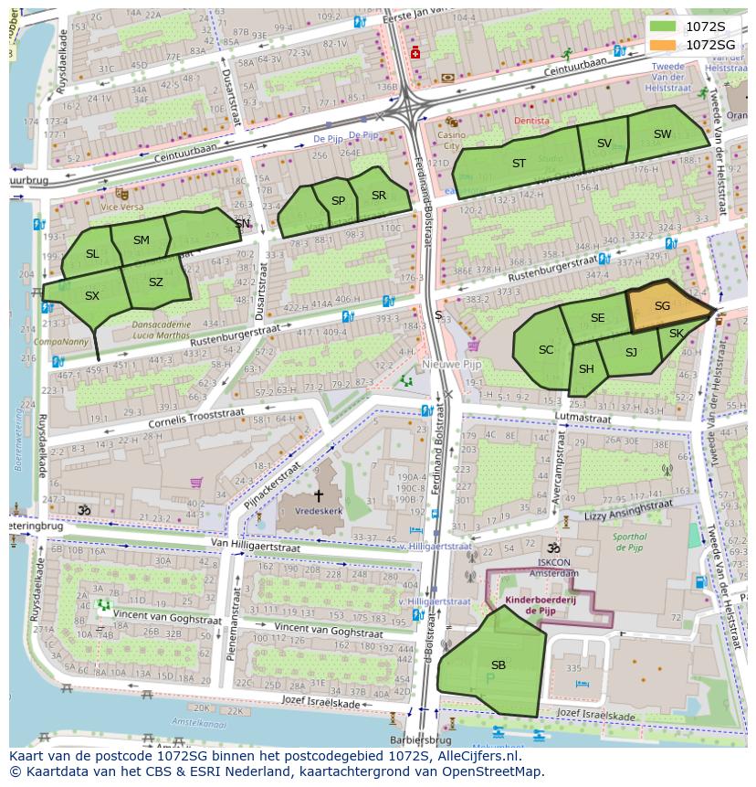 Afbeelding van het postcodegebied 1072 SG op de kaart.