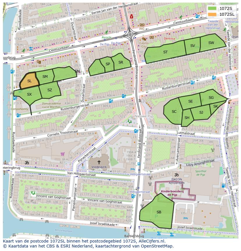 Afbeelding van het postcodegebied 1072 SL op de kaart.