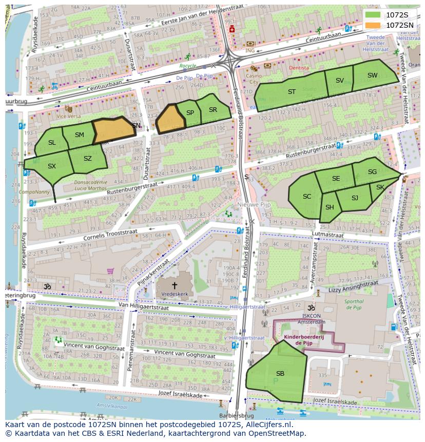 Afbeelding van het postcodegebied 1072 SN op de kaart.