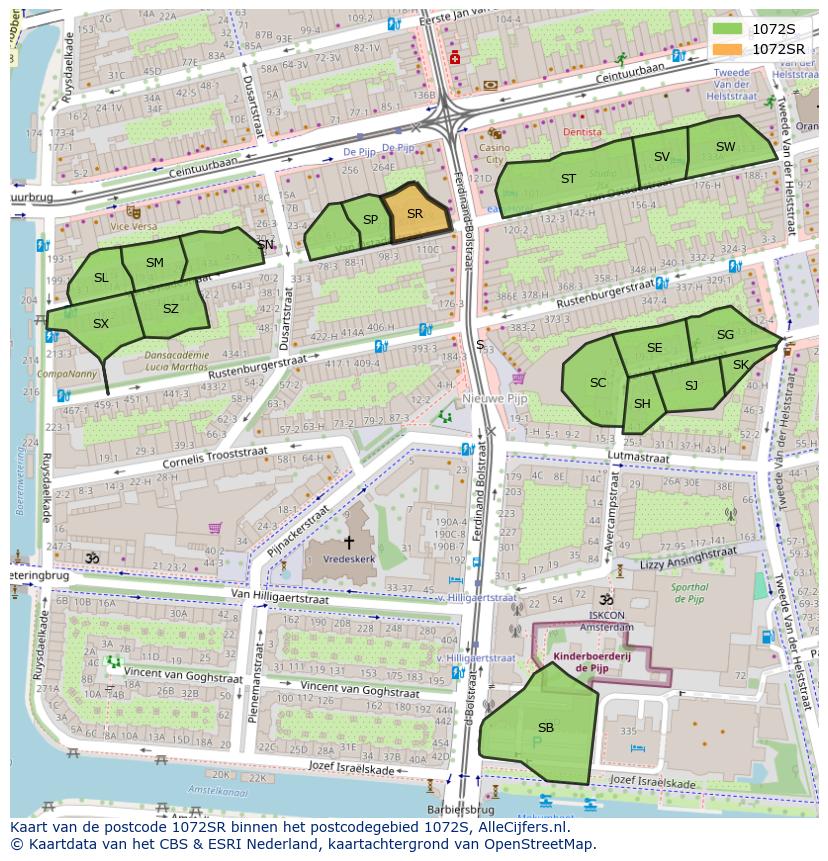 Afbeelding van het postcodegebied 1072 SR op de kaart.