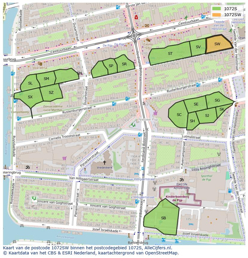 Afbeelding van het postcodegebied 1072 SW op de kaart.