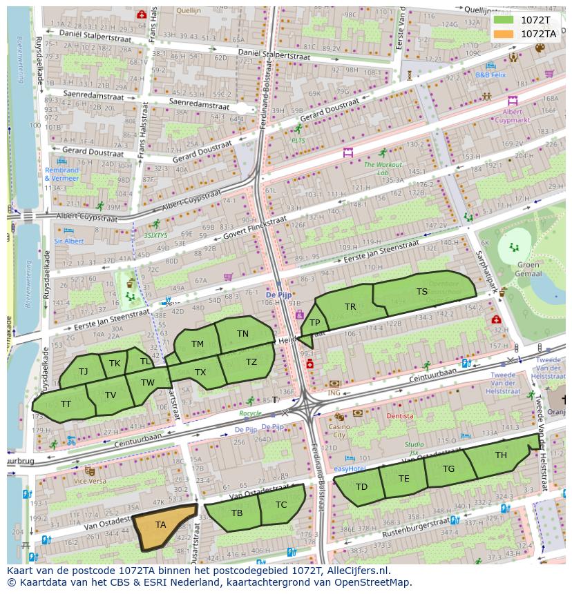 Afbeelding van het postcodegebied 1072 TA op de kaart.
