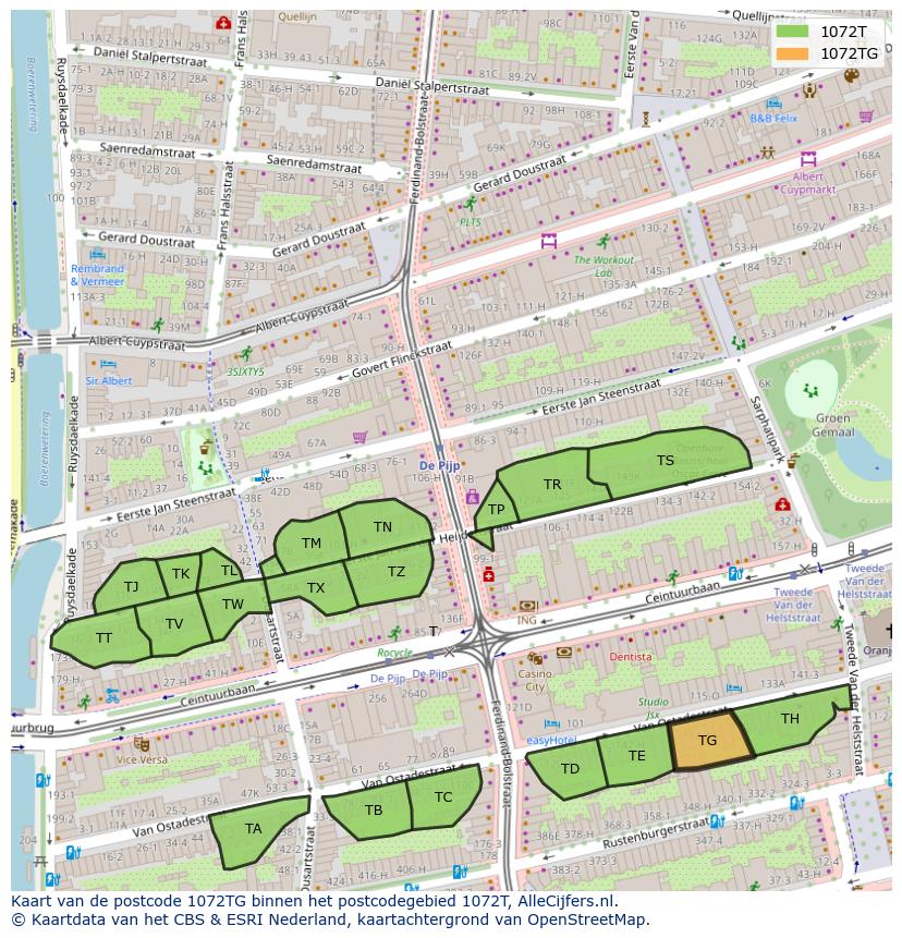 Afbeelding van het postcodegebied 1072 TG op de kaart.