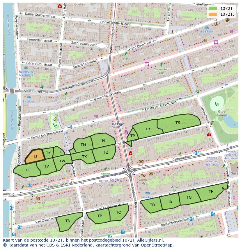 Afbeelding van het postcodegebied 1072 TJ op de kaart.