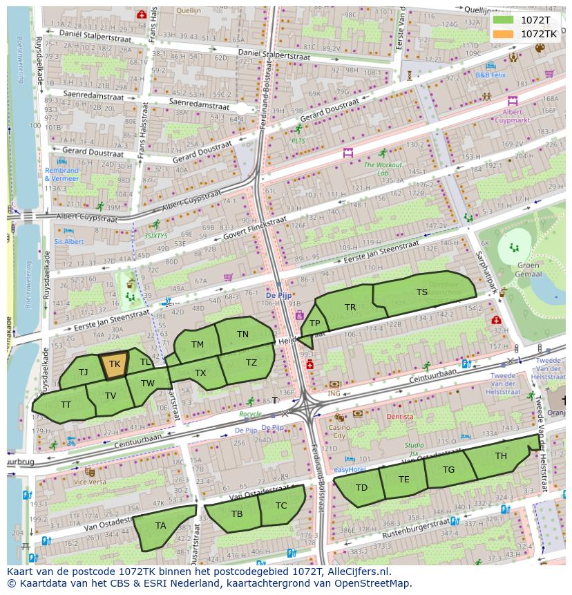 Afbeelding van het postcodegebied 1072 TK op de kaart.