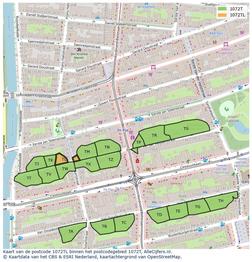 Afbeelding van het postcodegebied 1072 TL op de kaart.