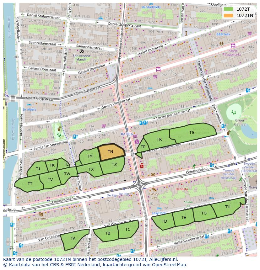 Afbeelding van het postcodegebied 1072 TN op de kaart.