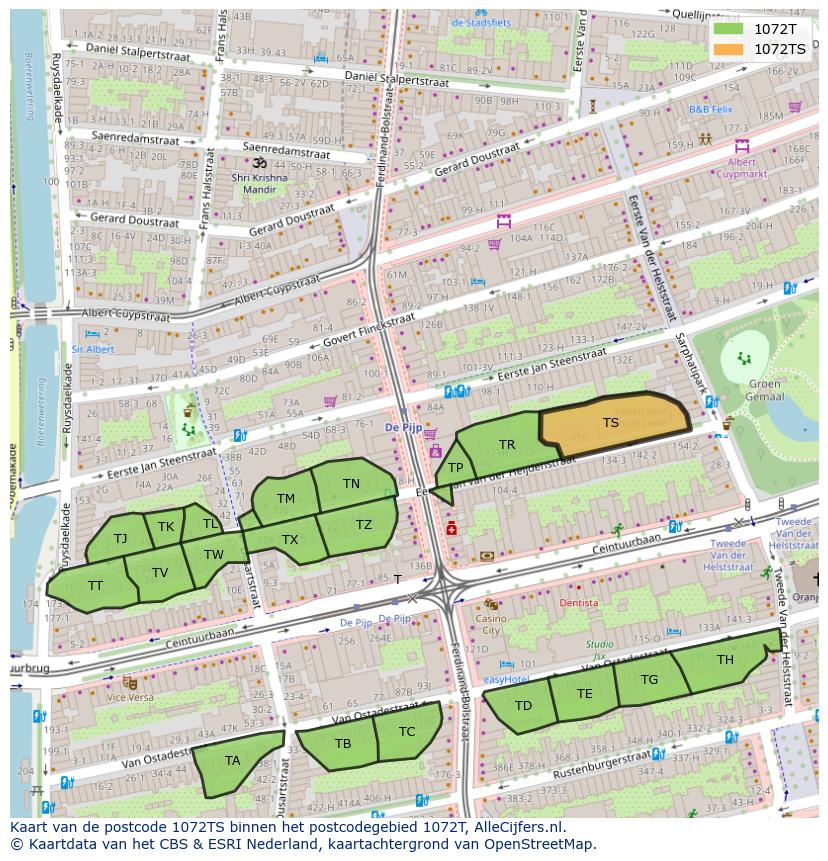 Afbeelding van het postcodegebied 1072 TS op de kaart.