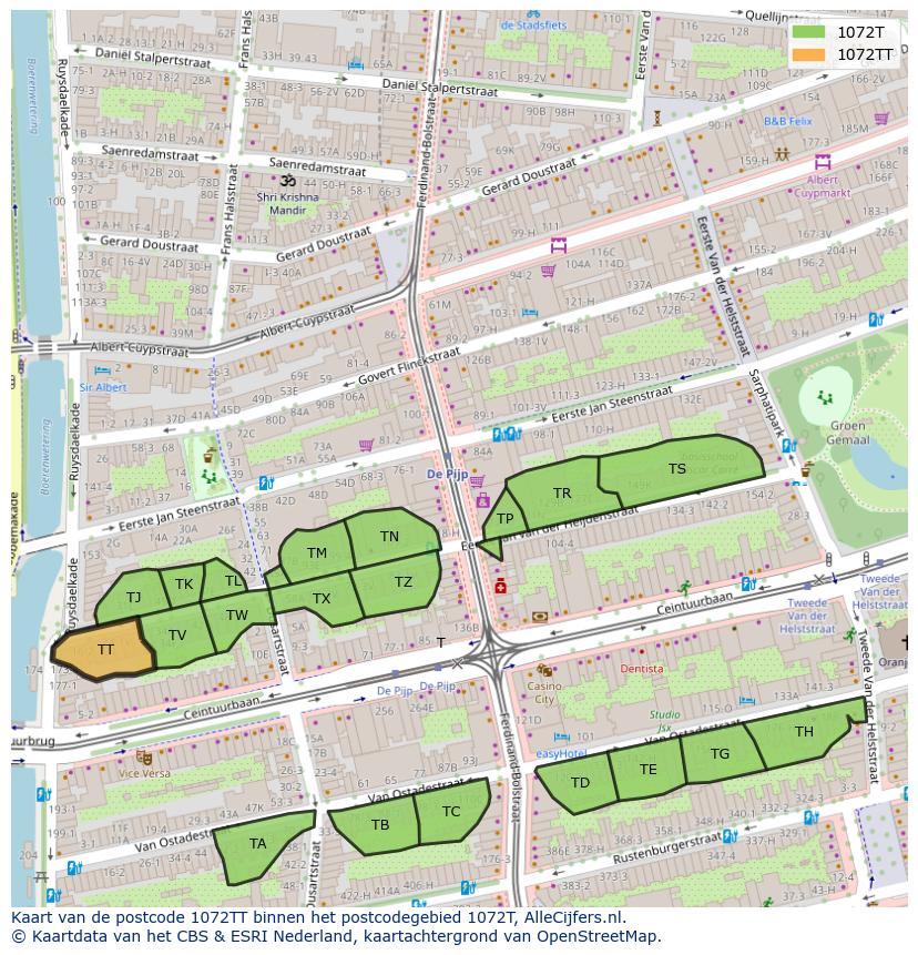 Afbeelding van het postcodegebied 1072 TT op de kaart.