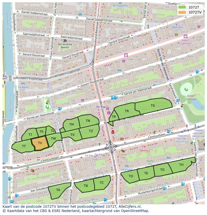 Afbeelding van het postcodegebied 1072 TV op de kaart.