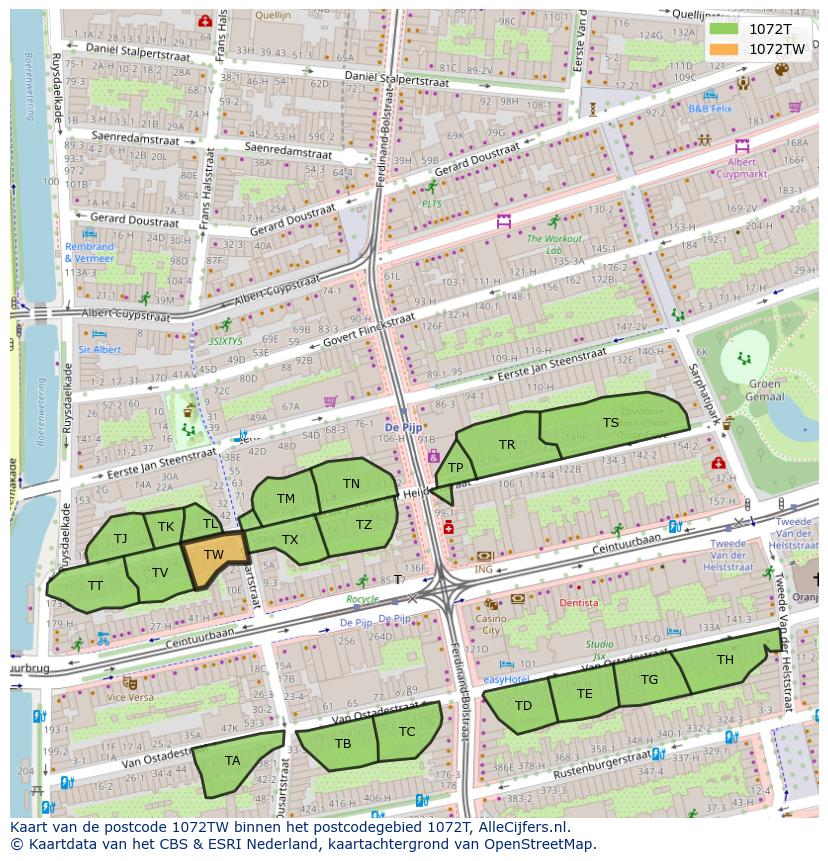 Afbeelding van het postcodegebied 1072 TW op de kaart.